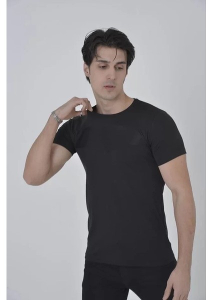 Erkek Gögüs Fileli Slim Fit T-Shirt - Siyah