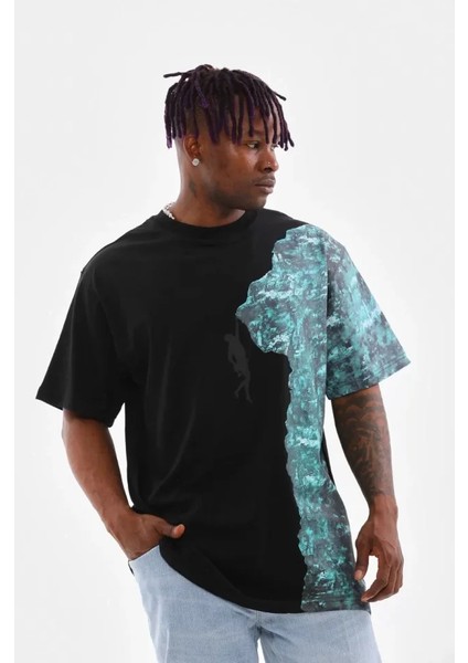 Unisex Bisiklet Yaka Baskılı Oversize T-Shirt - Siyah