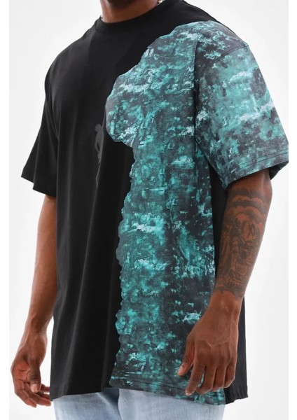 Unisex Bisiklet Yaka Baskılı Oversize T-Shirt - Siyah