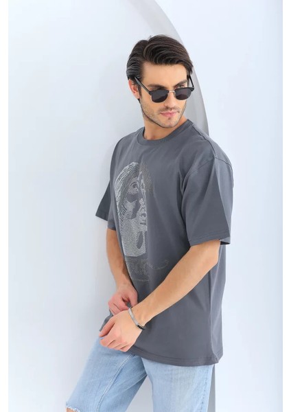 Unisex Oversize Taşlı Bisiklet Yaka T-Shirt - Füme fırsatları