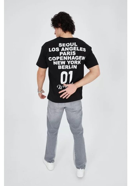 Erkek Bisiklet Yakalı Baskılı T-Shirt - Siyah