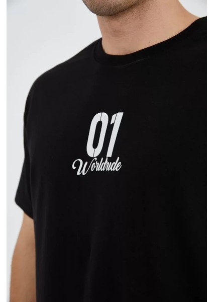 Erkek Bisiklet Yakalı Baskılı T-Shirt - Siyah modelleri