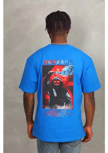 Unisex Oversize Baskılı Bisiklet Yaka T-Shirt - Mavi