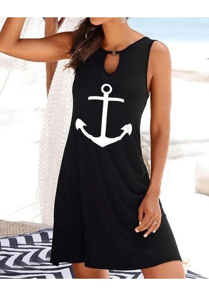 Kadın Kolsuz Halka Detay Çıpa Baskılı Viskon Elbise