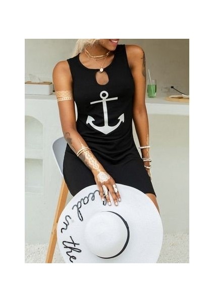 Kadın Kolsuz Halka Detay Çıpa Baskılı Viskon Elbise indirimleri