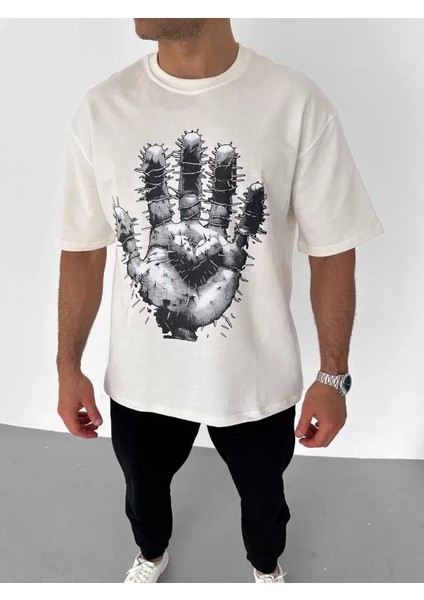 Unisex Bisiklet Yaka Baskılı Oversize T-Shirt - Beyaz fiyatları
