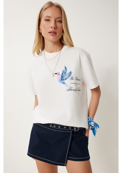 Boncuk Detaylı Baskılı Örme T-Shirt