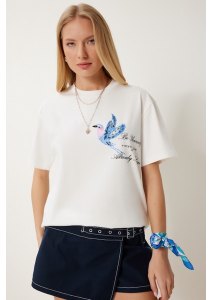 Boncuk Detaylı Baskılı Örme T-Shirt fiyatları
