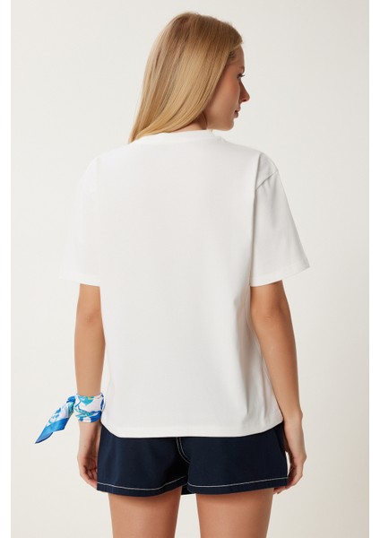 Boncuk Detaylı Baskılı Örme T-Shirt