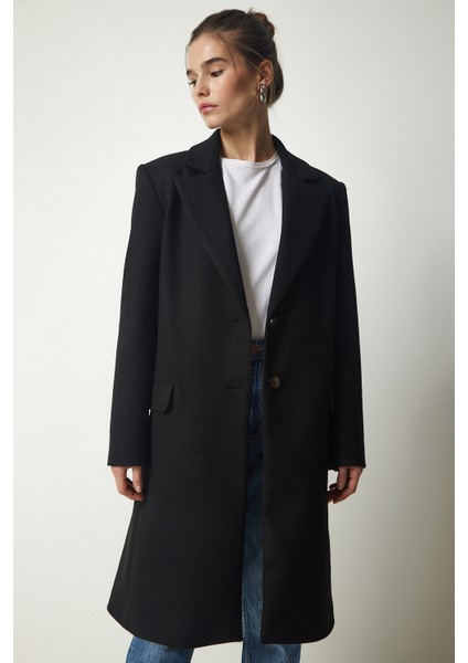 Kruvaze Yaka Düğmeli Kaşe Kaban LTO0020 SİYAH modelleri