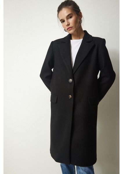 Kruvaze Yaka Düğmeli Kaşe Kaban LTO0020 SİYAH fırsatları