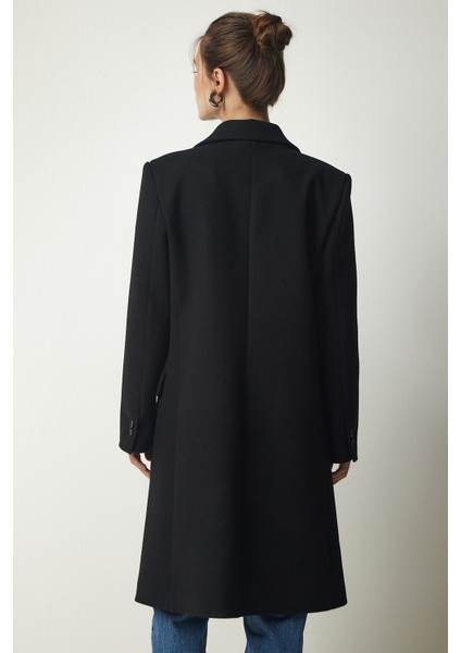 Kruvaze Yaka Düğmeli Kaşe Kaban LTO0020 SİYAH