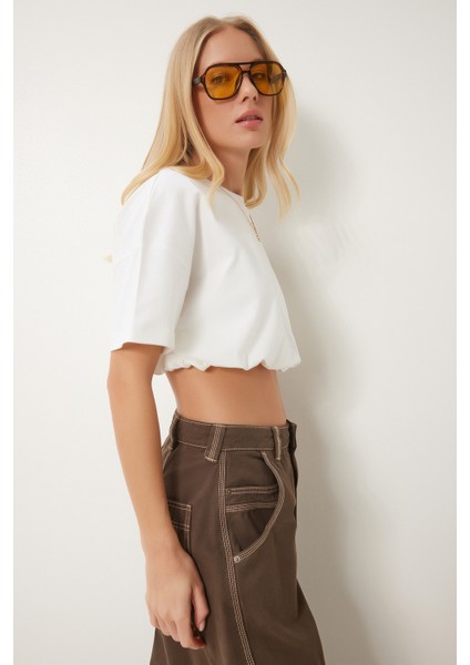 Lastikli Crop Örme T-Shirt