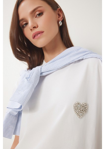 Şık Taşlı Kalp Detaylı Örme T-Shirt modelleri