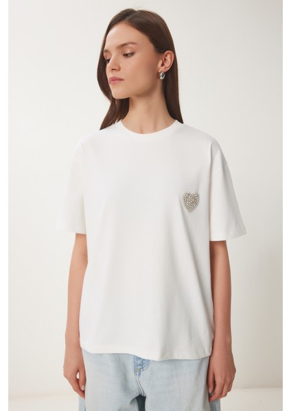 Şık Taşlı Kalp Detaylı Örme T-Shirt fırsatları