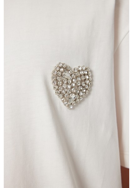 Şık Taşlı Kalp Detaylı Örme T-Shirt indirimleri