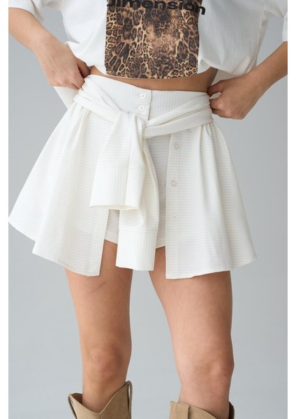 Gömlek Bağlamalı Şort - Krem