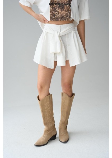 Gömlek Bağlamalı Şort - Krem modelleri