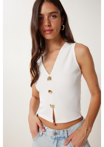 Dore Düğmeli Fitilli Örme Crop Bluz