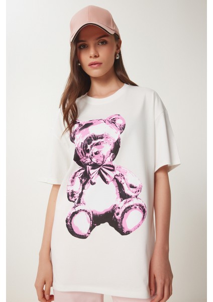 Ayıcık Baskılı Pamuklu Oversize Örme T-Shirt