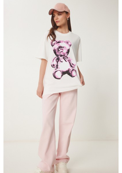 Ayıcık Baskılı Pamuklu Oversize Örme T-Shirt
