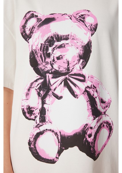 Ayıcık Baskılı Pamuklu Oversize Örme T-Shirt