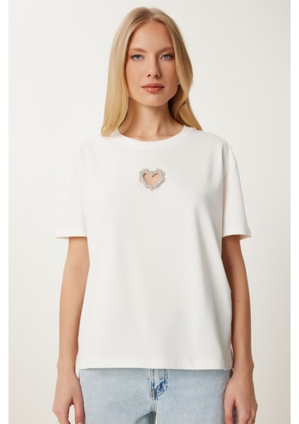 Işıltılı Kalp Aksesuarlı Pamuklu Örme T-Shirt