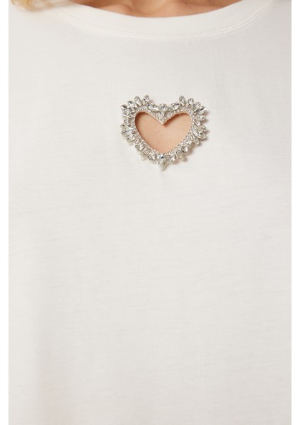 Işıltılı Kalp Aksesuarlı Pamuklu Örme T-Shirt