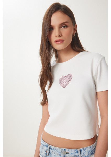 Taşlı Kalp Detaylı Crop Örme T-Shirt