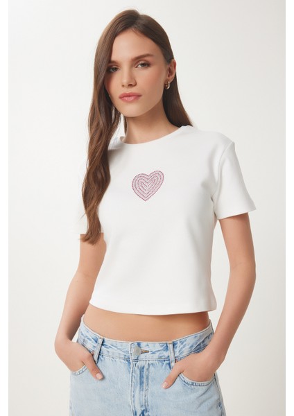 Taşlı Kalp Detaylı Crop Örme T-Shirt fiyatları