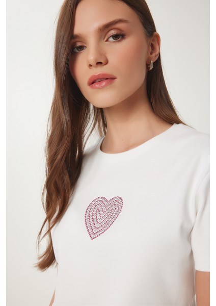 Taşlı Kalp Detaylı Crop Örme T-Shirt modelleri
