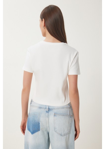 Taşlı Kalp Detaylı Crop Örme T-Shirt indirimleri