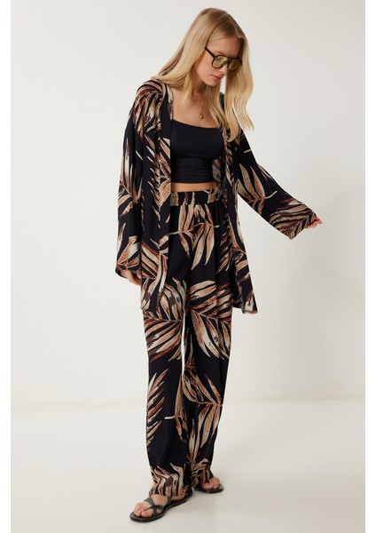 Desenli Yazlık Viskon Kimono Pantolon Takım