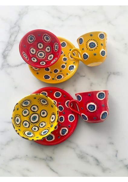 Dekoratif 2 Kişilik Şık Nazar Boncuğu Çini Tasarımlı Tamamen El Yapımı Kahve Fincanı ve 10 cm Sosluk