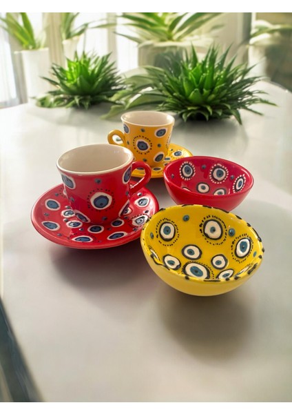 Dekoratif 2 Kişilik Şık Nazar Boncuğu Çini Tasarımlı Tamamen El Yapımı Kahve Fincanı ve 10 cm Sosluk fiyatları