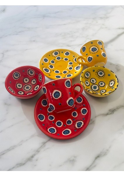 Dekoratif 2 Kişilik Şık Nazar Boncuğu Çini Tasarımlı Tamamen El Yapımı Kahve Fincanı ve 10 cm Sosluk modelleri