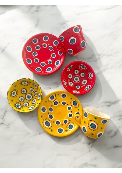 Dekoratif 2 Kişilik Şık Nazar Boncuğu Çini Tasarımlı Tamamen El Yapımı Kahve Fincanı ve 10 cm Sosluk fırsatları