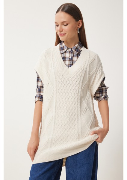 V Yaka Motifli Uzun Triko Süveter LNV0007 KREM fiyatları