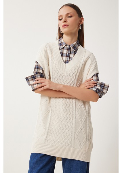 V Yaka Motifli Uzun Triko Süveter LNV0007 KREM modelleri