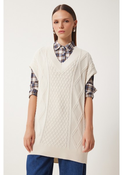 V Yaka Motifli Uzun Triko Süveter LNV0007 KREM fırsatları