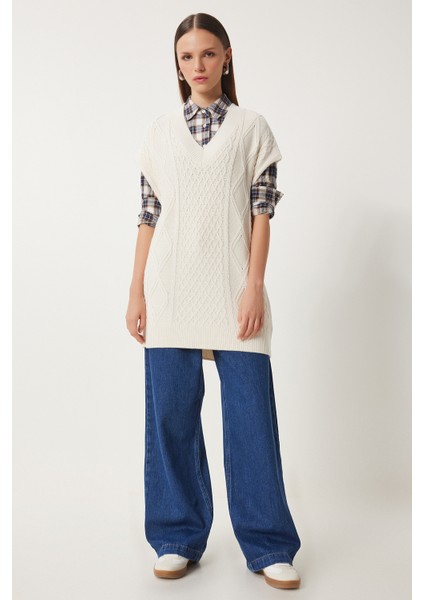 V Yaka Motifli Uzun Triko Süveter LNV0007 KREM indirimleri