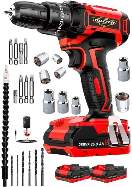 Alman HARD-X2560 2.0 Ah Çelik Şanzuman 27 Parça Set Bakır Sargılı 2x Akülü Şarjlı Vidalama Matkap