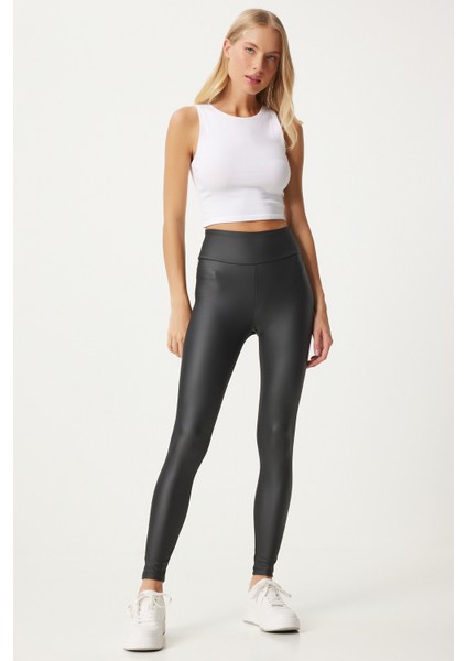 Yüksek Bel Şardonlu Şekillendirici Suni Deri Tayt LBE0002 SİYAH fırsatları