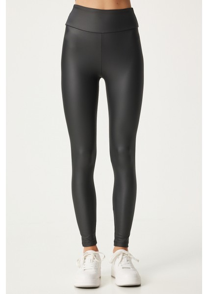 Yüksek Bel Şardonlu Şekillendirici Suni Deri Tayt LBE0002 SİYAH