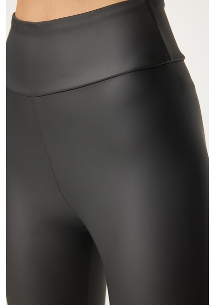 Yüksek Bel Şardonlu Şekillendirici Suni Deri Tayt LBE0002 SİYAH