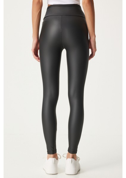 Yüksek Bel Şardonlu Şekillendirici Suni Deri Tayt LBE0002 SİYAH