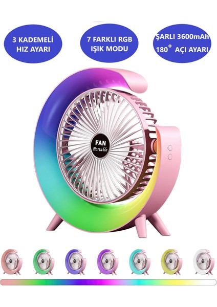 Şarjlı Bataryalı Vantilatör-Masaüstü Fan-3 Kademe Ayarı-7 Farklı Rgb Işık MODU-180C Ayarlanbilir