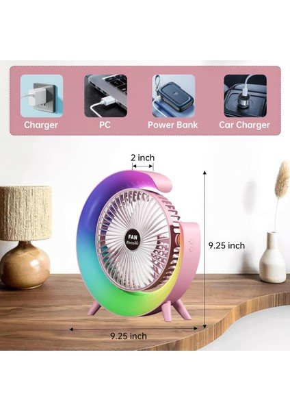Şarjlı Bataryalı Vantilatör-Masaüstü Fan-3 Kademe Ayarı-7 Farklı Rgb Işık MODU-180C Ayarlanbilir