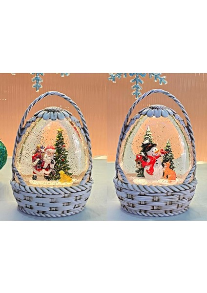 Sepet Tasarımlı Noel Baba ve Kardan Adamlı Işıklı Müzikli Kar Küresi
