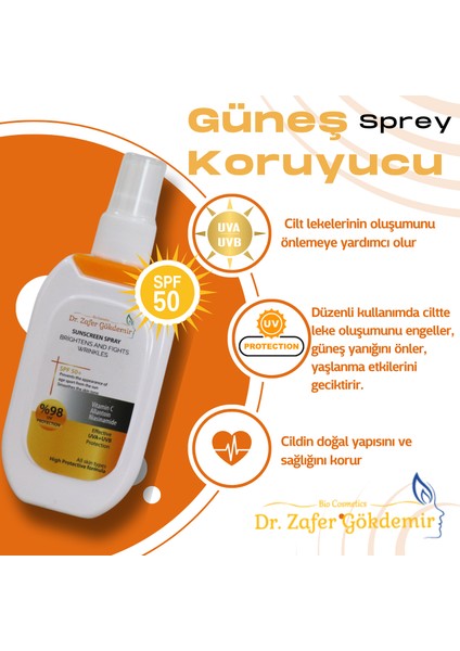 Dr Zafer Gökdemir Güneş Koruyucu Sprey Spf 50 - Yüksek Koruma, Kolay Uygulama, Tüm Cilt Tipleri Için